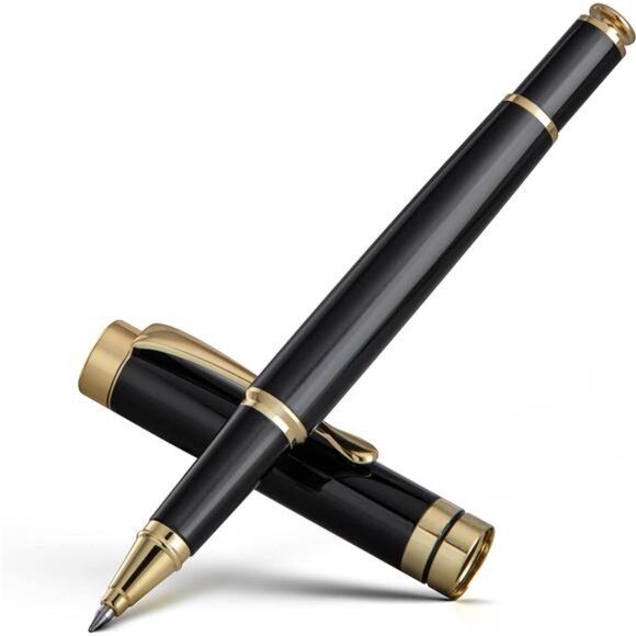 Ballpoint Pens,Stunning Black Chrome MetalPen with Golden Trim,Ball Pen Gift Set - Picture 1 of 7